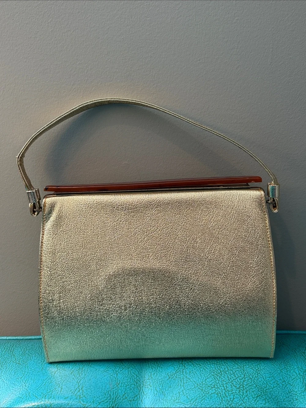 Vintage Town & Country Metallic Gold structured Shoulder Bag Purse mid century